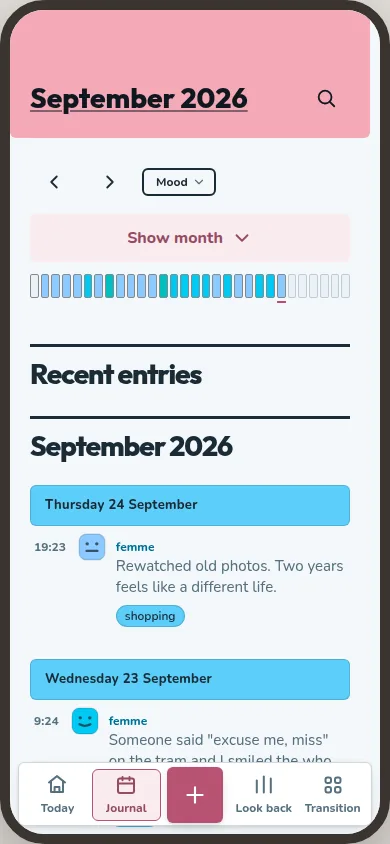 Journal month view shows a mood heat map above recent entries.