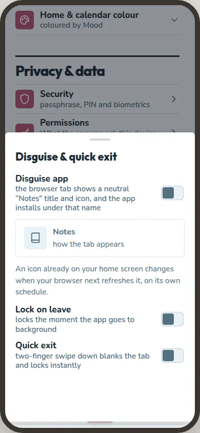 Settings' Disguise and quick exit panel shows disguise and lock-on-leave switches.