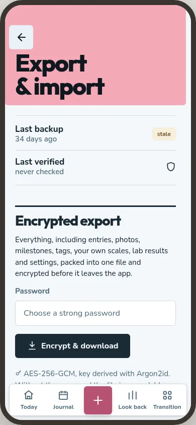 Export and import shows backup age and the encrypted export form.