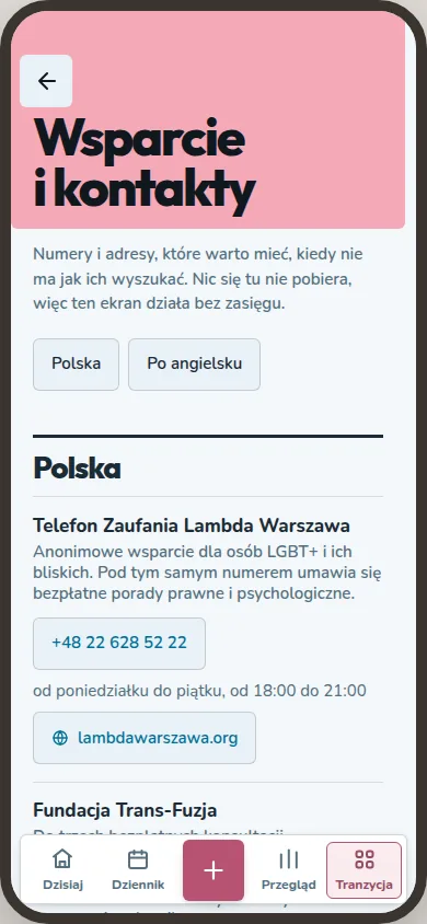 Lista Wsparcie i kontakty zawiera numery i adresy oraz filtry dla Polski i języka angielskiego.